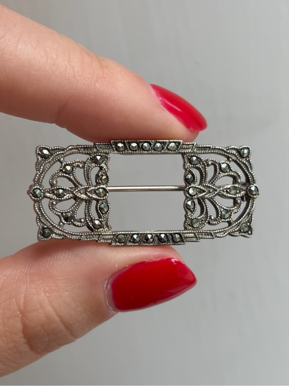 Sterling Silver Art Deco Antique Marcasite Filigree Brooch Pin